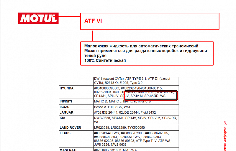 Используемое трансмиссионное масло Motul ATF 6 имеет официальный допуск Hyundai ATF SP-IV RR