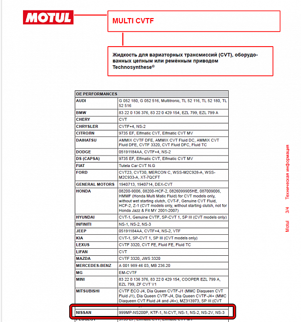 Используемое трансмиссионное масло Motul Multi CVTF имеет официальный допуск Nissan CVT NS-3
